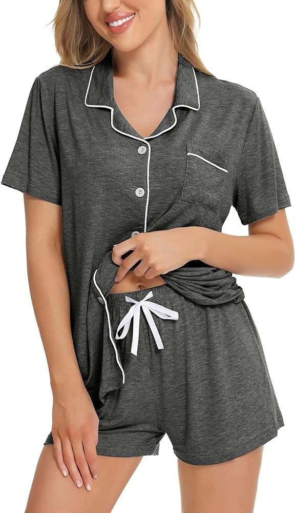 SWOMOG Womens Button Down Pajamas Set Short Sleeve Sleepwear Bride Soft Pj Lounge Sets S-XXL… | Amazon (US)