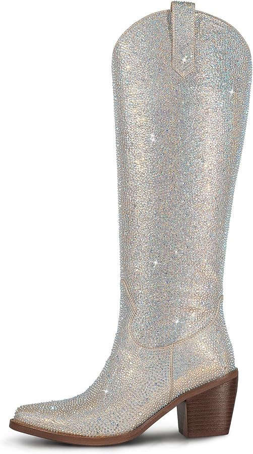 wetkiss Knee High Cowboy Cowgirl Boots for Women, with Unique Embroidery, Side Zipper and Chunky ... | Amazon (US)