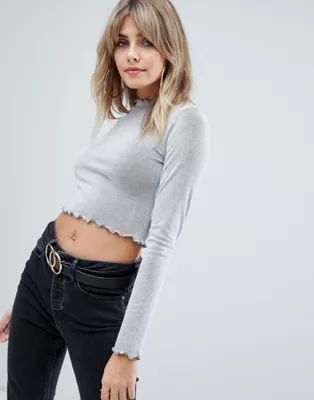 ASOS DESIGN long sleeve crop top with lettuce edge in gray | ASOS US