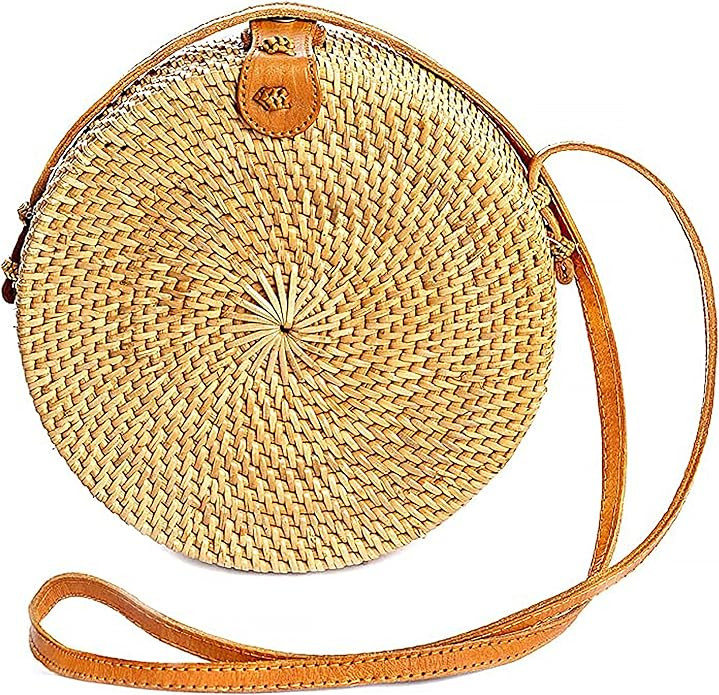 Novum Crafts Round Rattan Bag for Women - Handmade Straw Bags - Wicker Purse - Brown White Circle... | Amazon (US)