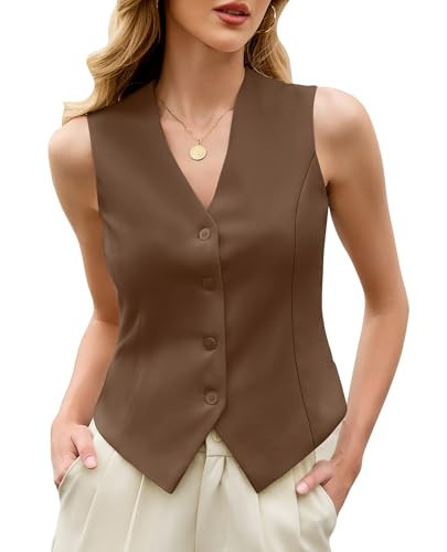 CHANGEOWN V Neck Vest Tops for Women Sleeveless Button Down Business Casual Summer Vest Fitted Waistcoat Suit Vest (Brown, S) | Amazon (US)