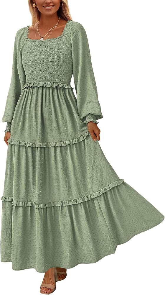 PRETTYGARDEN Fall Dresses for Women 2025 Long Sleeve Smocked Square Neck Swiss Dot Tiered Flowy W... | Amazon (US)