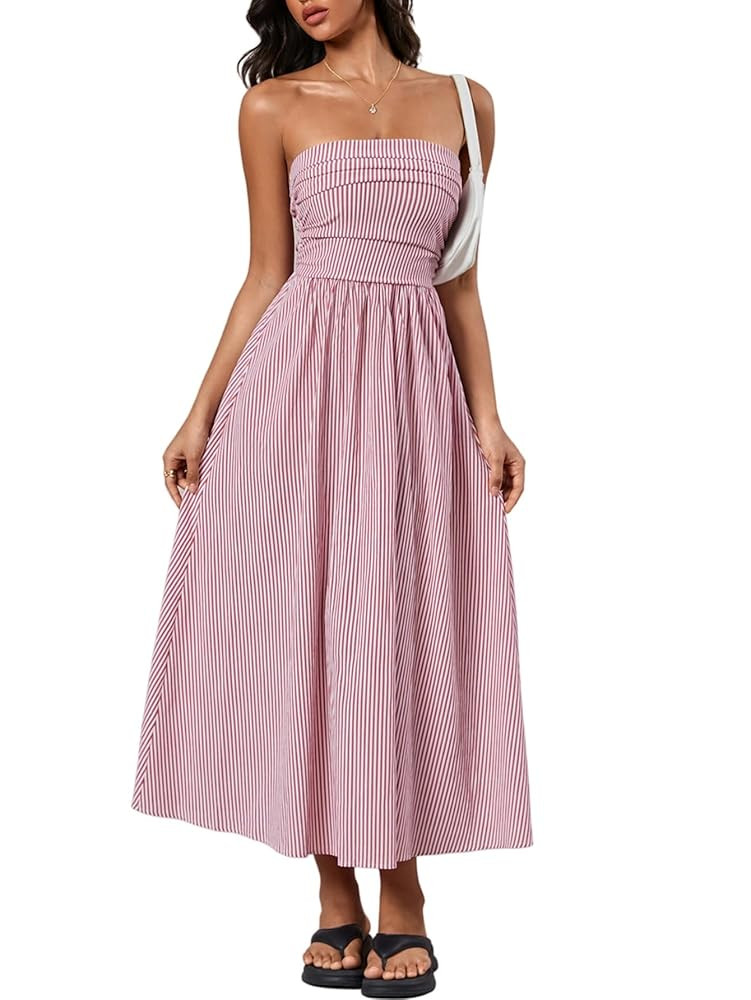 Milumia Women's Striped Strapless Maxi Dress Summer Flared Tube Top Long Dresses with Pocket | Amazon (US)