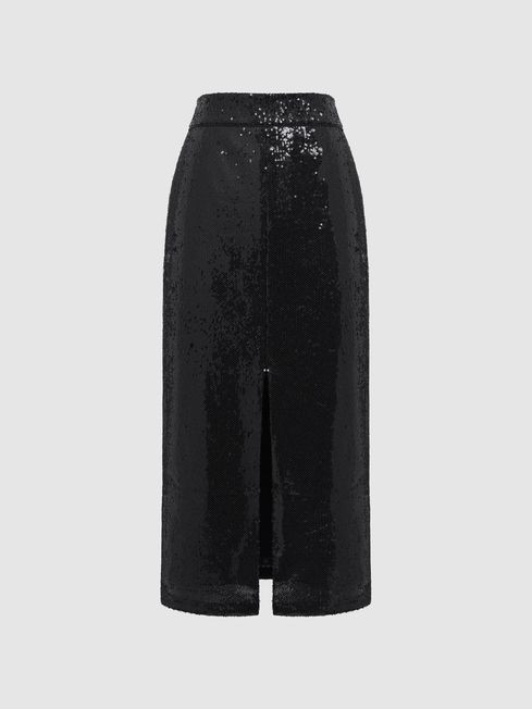 Reiss Black Dakota Regular Sequin Pencil Skirt | Reiss UK
