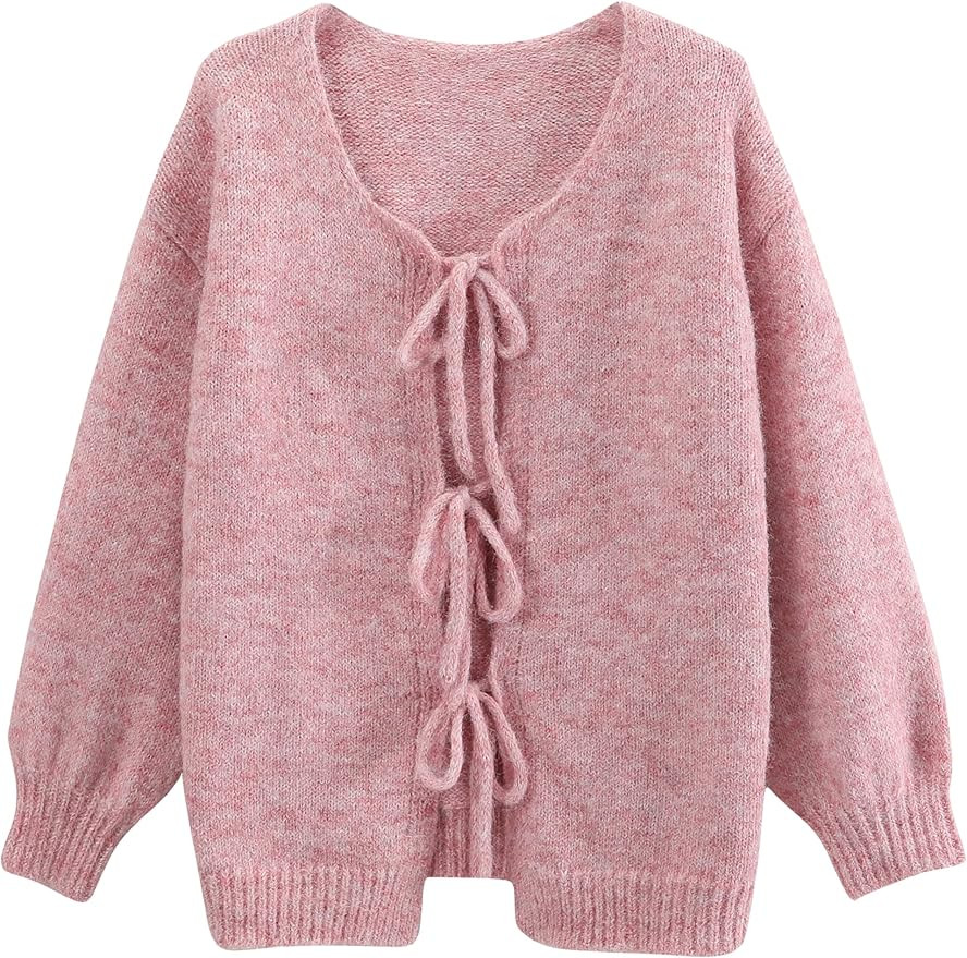 Lumister Cute Oversized Cardigan Sweaters for Women Y2K Long Sleeve V Neck Bow Tie Front Cadigan ... | Amazon (US)