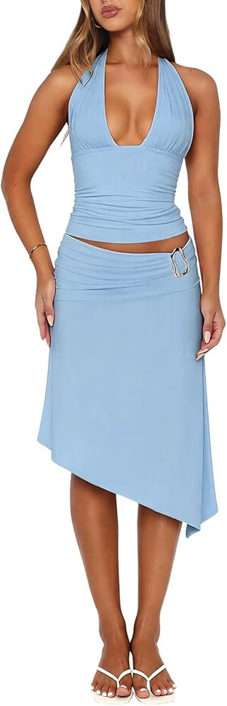 Goafuliy Women's 2 Piece Sets Deep V Neck Halter Top Asymmetrical Midi Skirt Set Summer Going Out... | Amazon (UK)