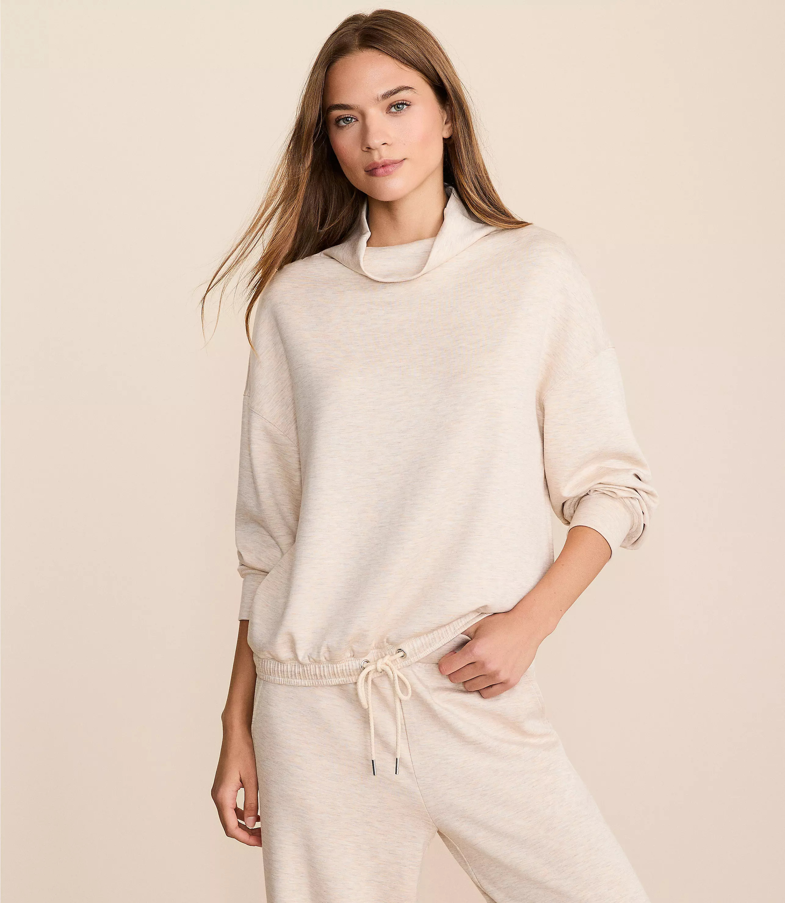 Lou & Grey Heathered Scubasoft Mock Neck Drawstring Hem Top | LOFT