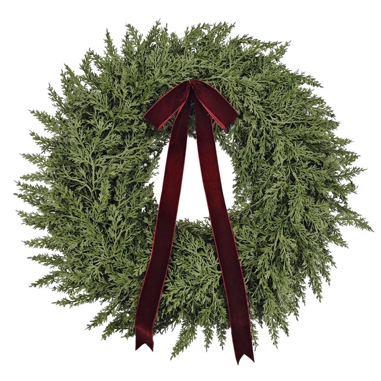 My Texas House Natural Feel Cedar Artificial Christmas Wreath with Bow, Green, 22" | Walmart (US)