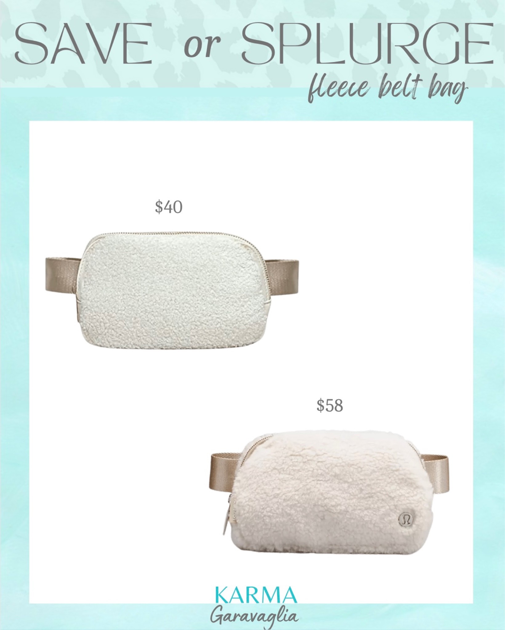 Save or Splurge, belt bag, fleece belt bag, , Amazon, Lululemon, designer inspired dupes, #designerdupes #falloutfits #beltbag #lululemon #lululemondupes 

Follow me @karmagaravaglia for more fashion finds, beauty faves, lifestyle, home decor, sales and more! So glad you’re here!! XO!!

#LTKSeasonal #LTKstyletip #LTKitbag
