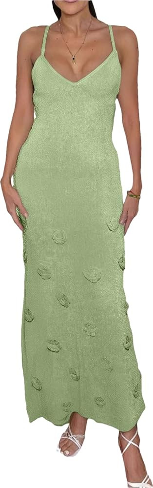 Women's Knit Maxi Dress Spaghetti Strap Floral Dresses Bodycon Knitted Beach Long Dress Backless ... | Amazon (US)