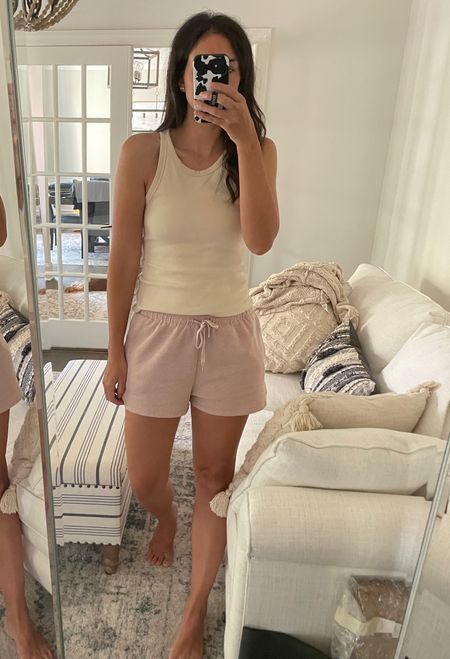 Today’s work from home outfit:
- tank top in color bone wearing size medium 
- waffle knit blush shorts part of a matching set wearing size large 
- strapless bandeau bra color desert 

#LTKunder100 #LTKunder50