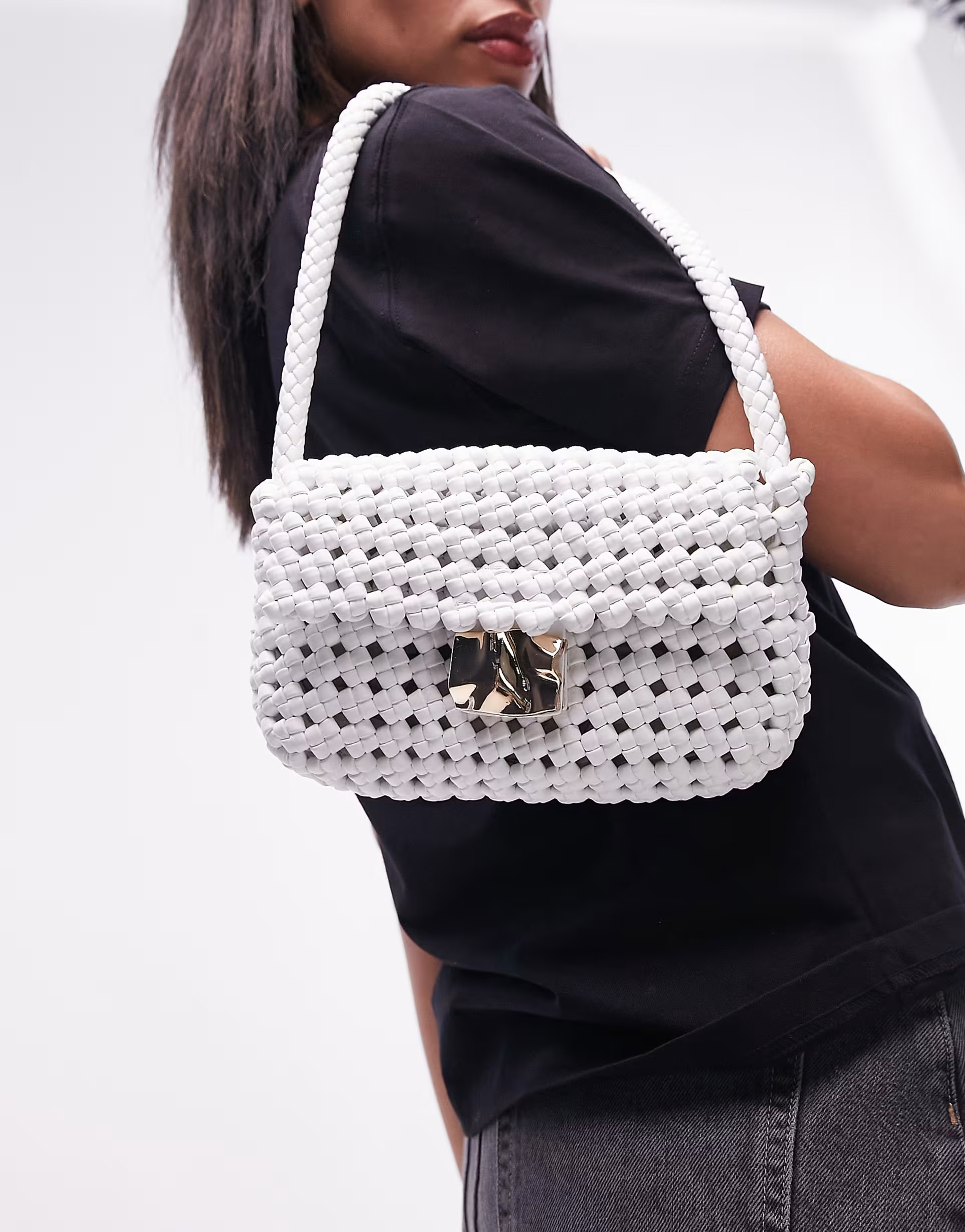 Topshop Faith crochet shoulder bag with hardware in white | ASOS (Global)