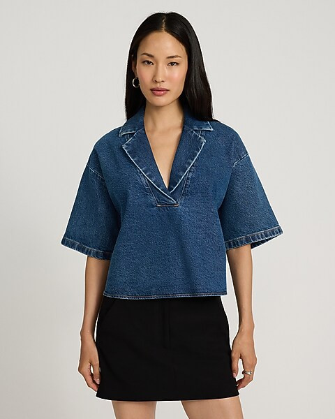 Medium Wash Denim Collared V-Neck Short Sleeve Tee | Express