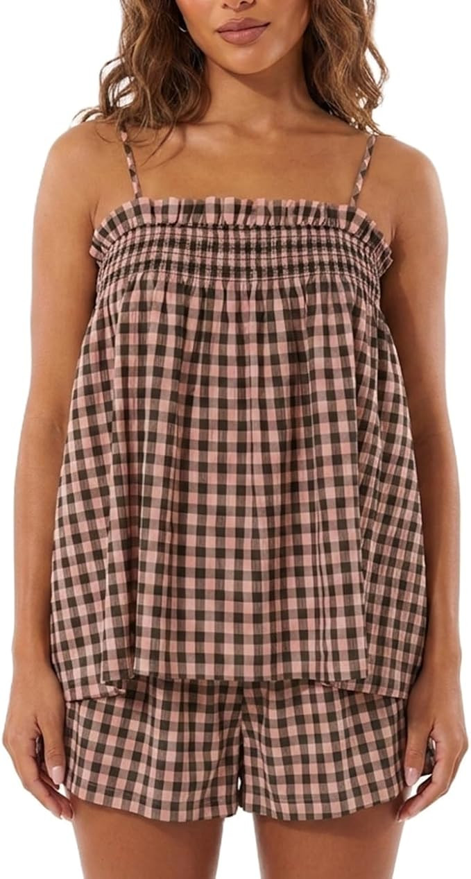 Women Gingham Two Piece Set Sleeveless Babydoll Tank Top and Plaid Shorts Pajama Set Sleepwear Y2... | Amazon (US)