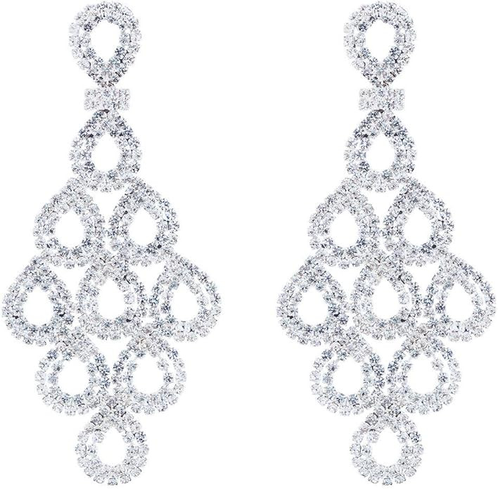 CHRAN Silver Teardrop Crystal Long Tassels Dangle Earrings Sparkling Rhinestone Ladies Gifts | Amazon (US)