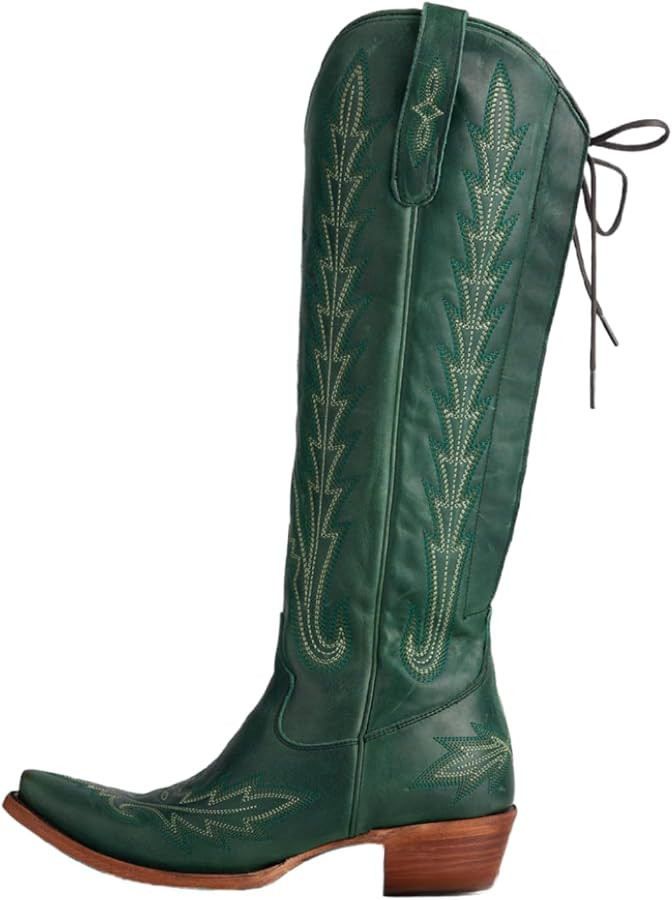 Atuelang Western Cowboy Boots for Women Knee High Wide Calf Lace Up Embroidered Cowgirl Boots | Amazon (US)
