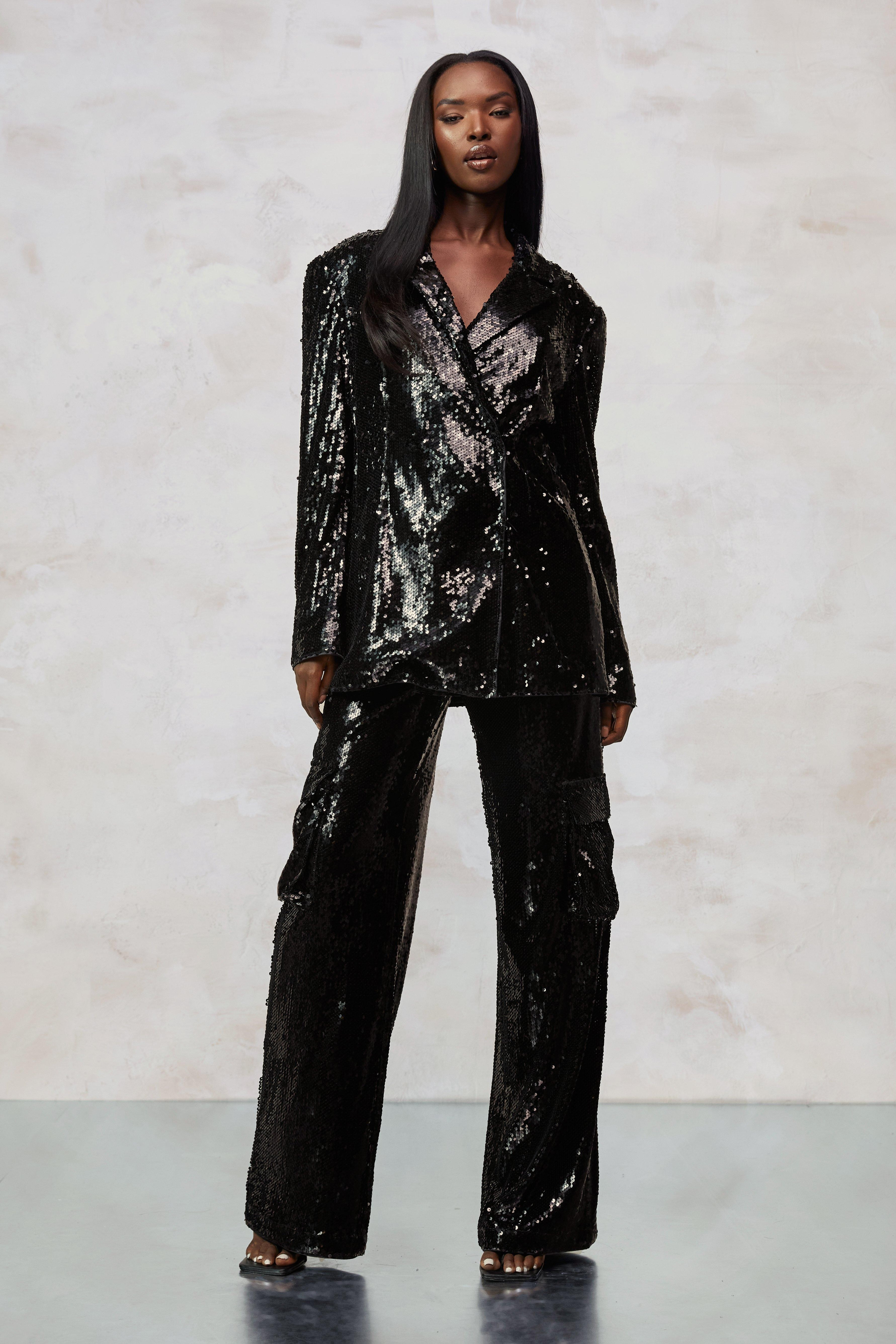 Kourtney Kardashian Barker Wide Leg Sequin Cargo Pants | Boohoo.com (US & CA)