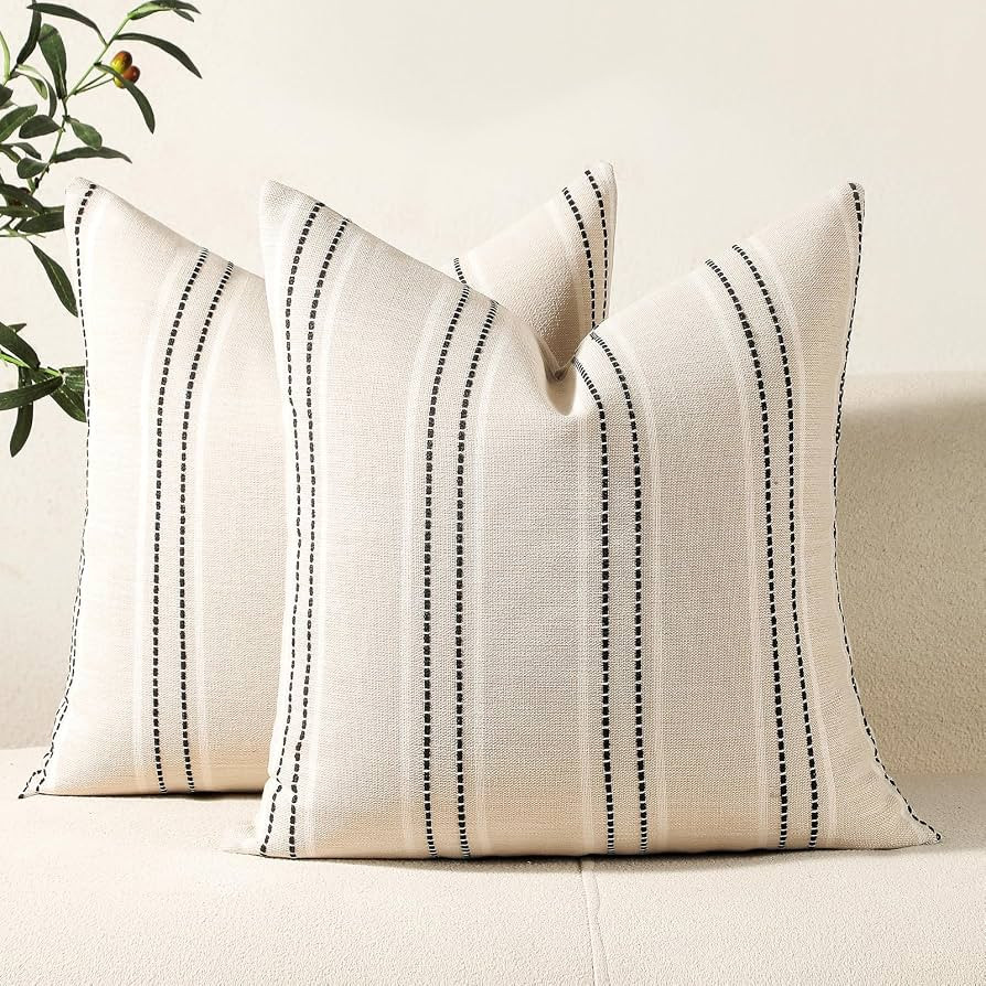 Hckot Hand Made Decorative Pillow Covers 18x18 Striped Throw Pillows Textured Linen Pillow Covers... | Amazon (US)