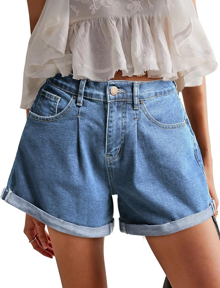 Womens Jean Shorts, Stretchy Denim Shorts with Pockets Elastic Waisted Relaxed Fit | Amazon (US)