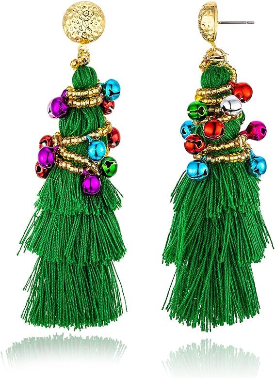 Christmas Tree Earrings for Women Girls, Green Three-layer Tassel Earrings, Little Gold Rice Bead... | Amazon (US)