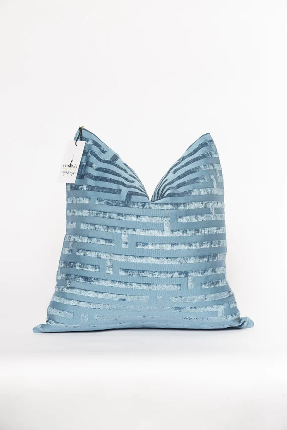 Neptune Blue Greek Key Cut Velvet Pillow | Etsy | Etsy (US)