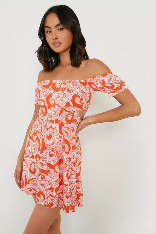 Printed Bardot Puff Sleeve Skater Dress | Boohoo.com (US & CA)