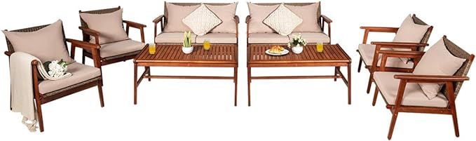 Tangkula 8 PCS Patio Wood Sofa Set, Outdoor Acacia Wood Seating Chat Set with Cushions & Coffee T... | Amazon (US)