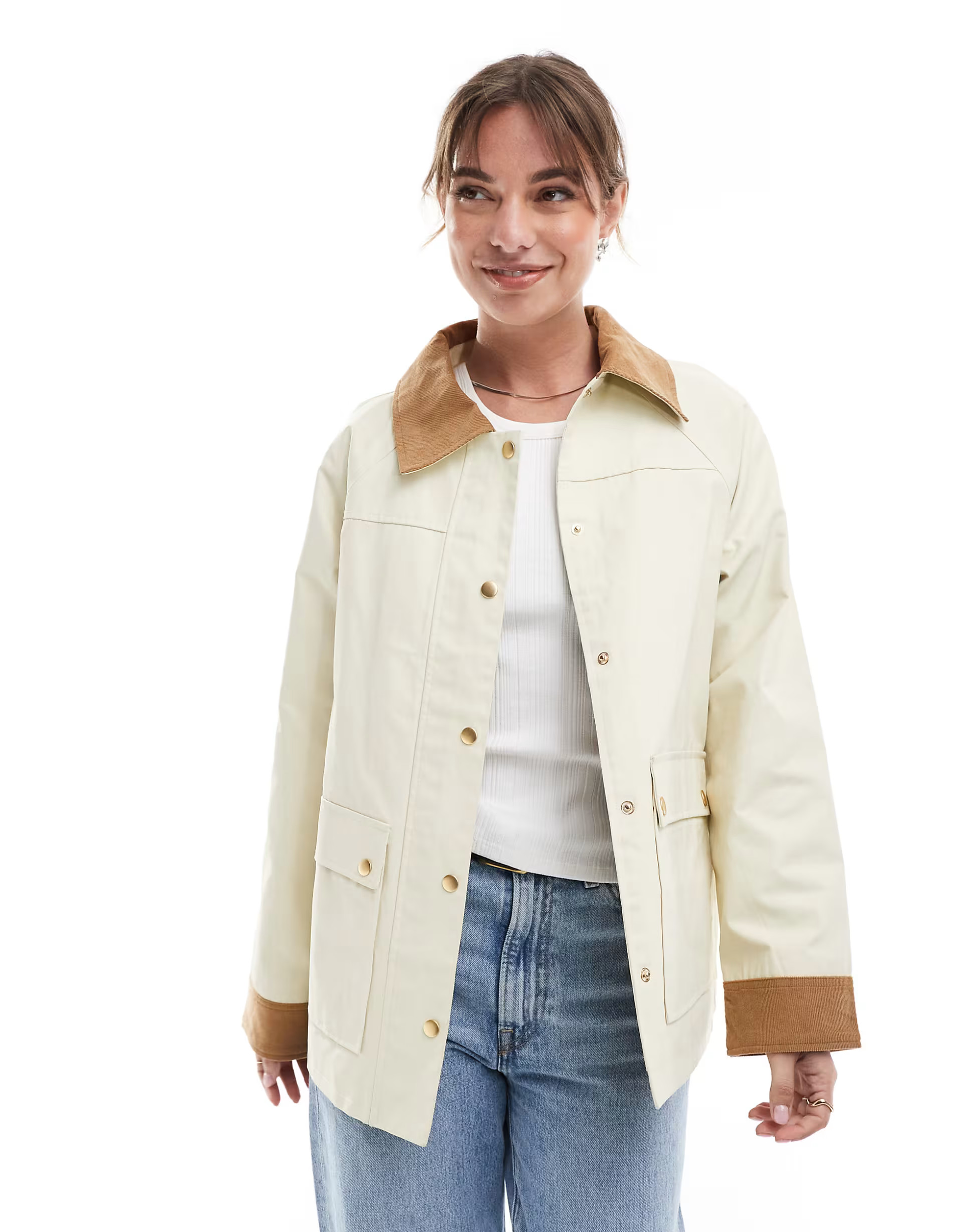 ASOS DESIGN cord top collar waxed jacket in stone | ASOS | ASOS (Global)