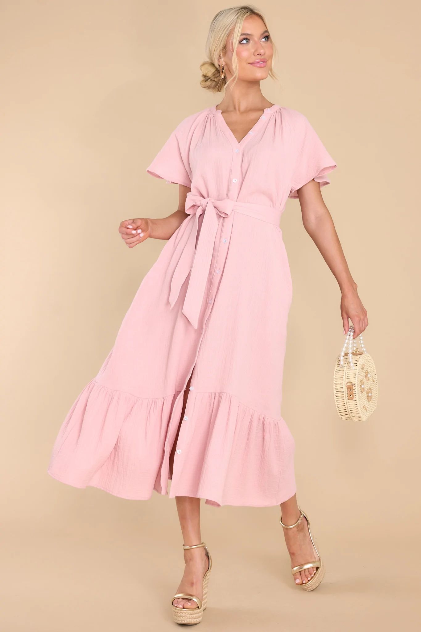 Buttoned Up Beauty Dusty Pink Midi Dress | Red Dress 