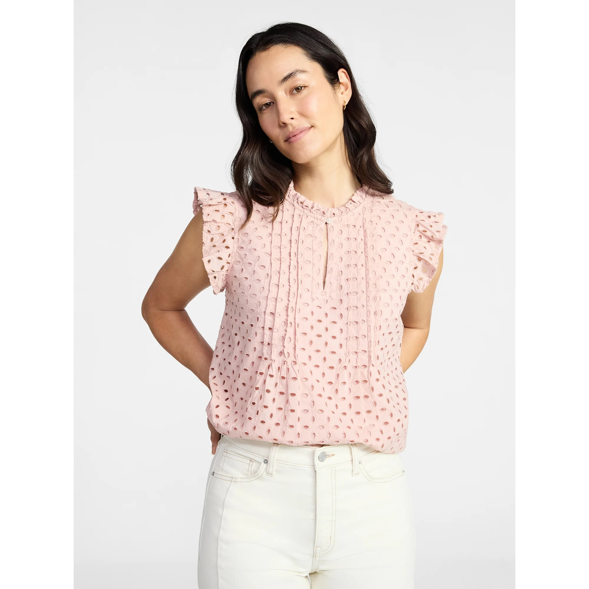 Time and Tru Women's Cotton Eyelet Top with Short Flutter Sleeves, Sizes XS-XXXL | Walmart (US)