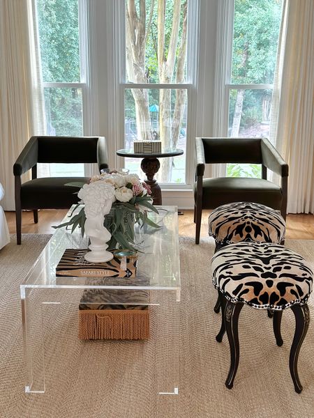 Sitting room, formal living room, sisal area rug, Tiger ottoman, Hooker furniture, modern traditional, acrylic coffee table, Dori sisal, Ballard designs, scout and nimble, west elm, cb2, all modern, McGee & co, two pages, cirtains, drapes, window treatments, coffee table book, amazon, 

#LTKhome
