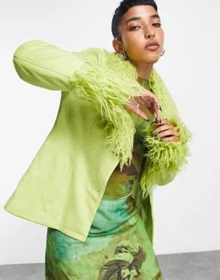 COLLUSION faux suedette jacket with faux-fur trims in light green | ASOS (Global)