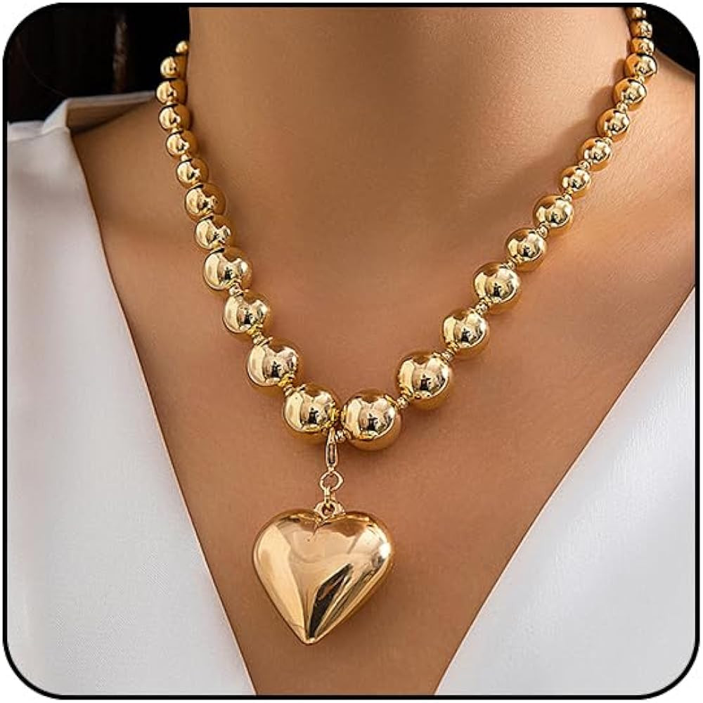 Gold Heart Chunky Necklaces for Women Silver Heart Necklace Big Pearl Choker Necklace Y2k Necklac... | Amazon (US)