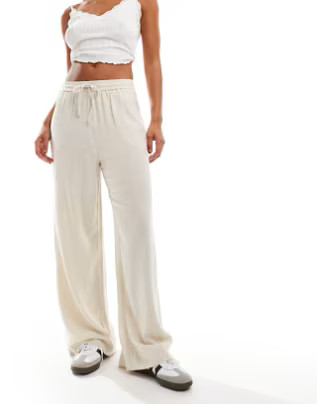 Miss Selfridge linen blend pull on wide leg trouser in natural slub | ASOS (Global)