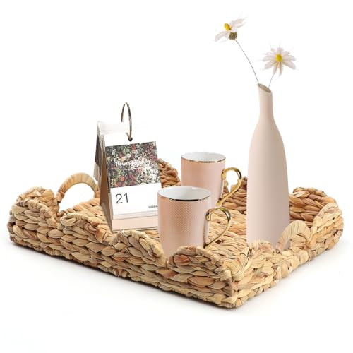 Wicker Scalloped Edge Rectangle Serving Tray, Woven Rattan Tray with 2 Handles, Home Decoration Serving Tray, Water Hyacinth Rattan Tray for Picnic, Decorative and Organizer Trays,1 Pack | Amazon (US)