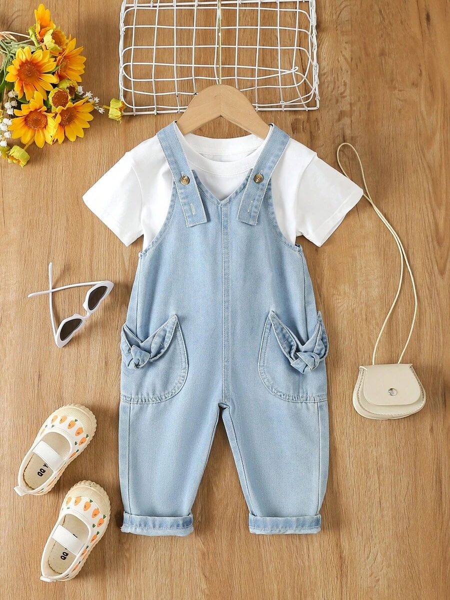 Baby Girl Bow Front Dual Pocket Denim Overalls Without Tee | SHEIN