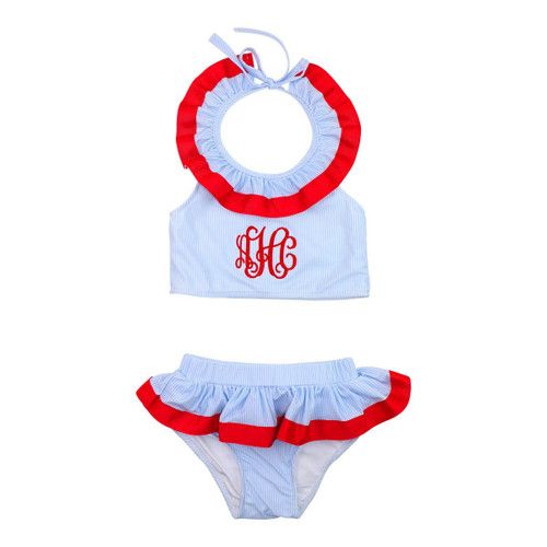 Blue And Red Mini Stripe Lycra Bikini | Cecil and Lou