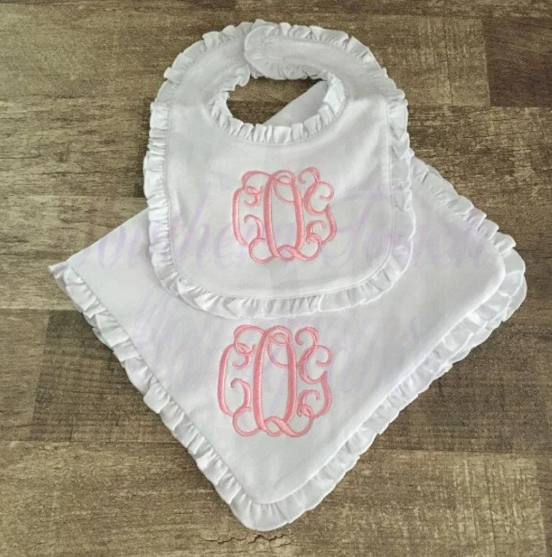 Monogrammed Ruffle Baby Bib and Burp Cloth Set: Cotton - Etsy | Etsy (US)