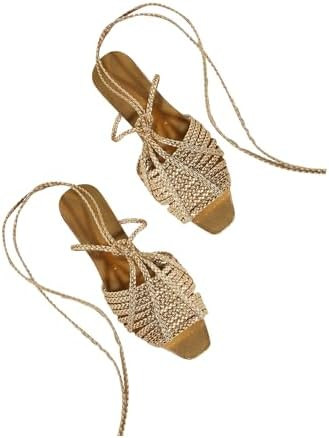 GORGLITTER Women's Summer Gold Flat Sandals 2026 Metallic Braided Lace Up Slide Strappy Square Op... | Amazon (US)