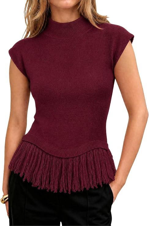 Flowyair Womens Cap Sleeve Sweater Vest Frige Mock Neck Knit Tank Tops | Amazon (US)