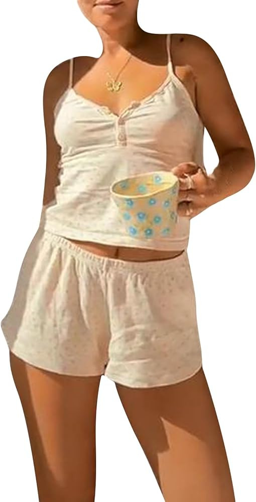 RUEWEY Women Y2K Shorts Set Floral Print Pajamas Set Knit Crop Cami Top Bodycon Shorts Lounge Sum... | Amazon (US)