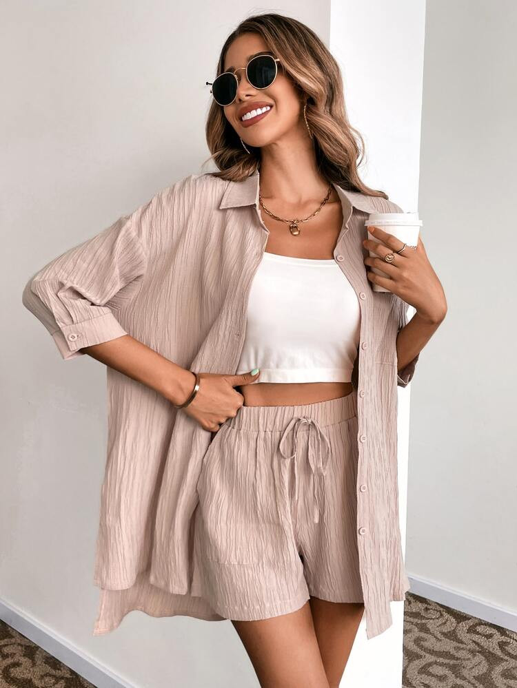 Drop Shoulder Shirt & Knot Slant Pocket Shorts | SHEIN