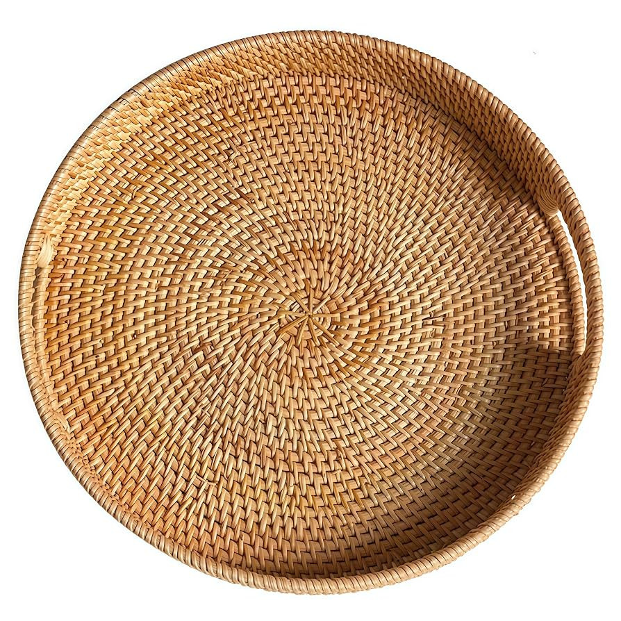 11.8" Round Rattan Tray, Hand Woven Serving Tray with Handles, Wicker Serving Basket, Decorative ... | Amazon (US)