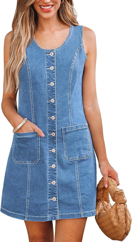luvamia Denim Dresses for Women Sleeveless Stretchy Jean Summer Casual Western Short Button Down ... | Amazon (US)