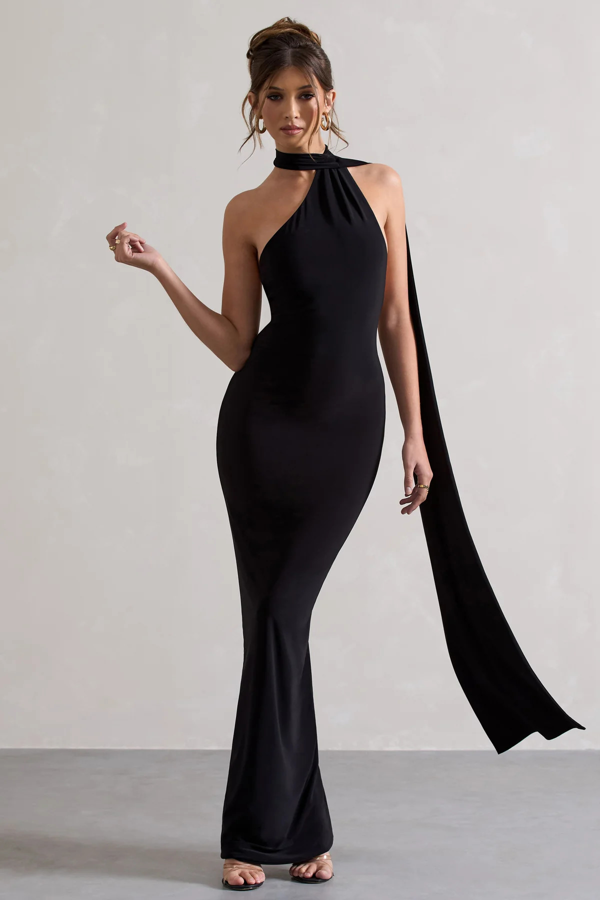Miss | Black One Shoulder Backless Maxi Dress With Scarf | Club L London