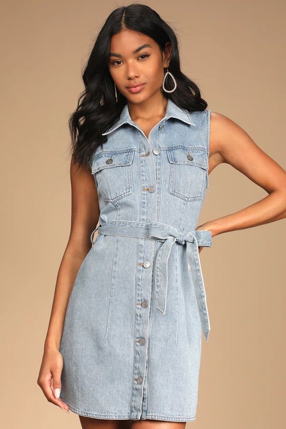 Trendy Throwback Light Wash Denim Button-Up Belted Mini Dress | Lulus (US)