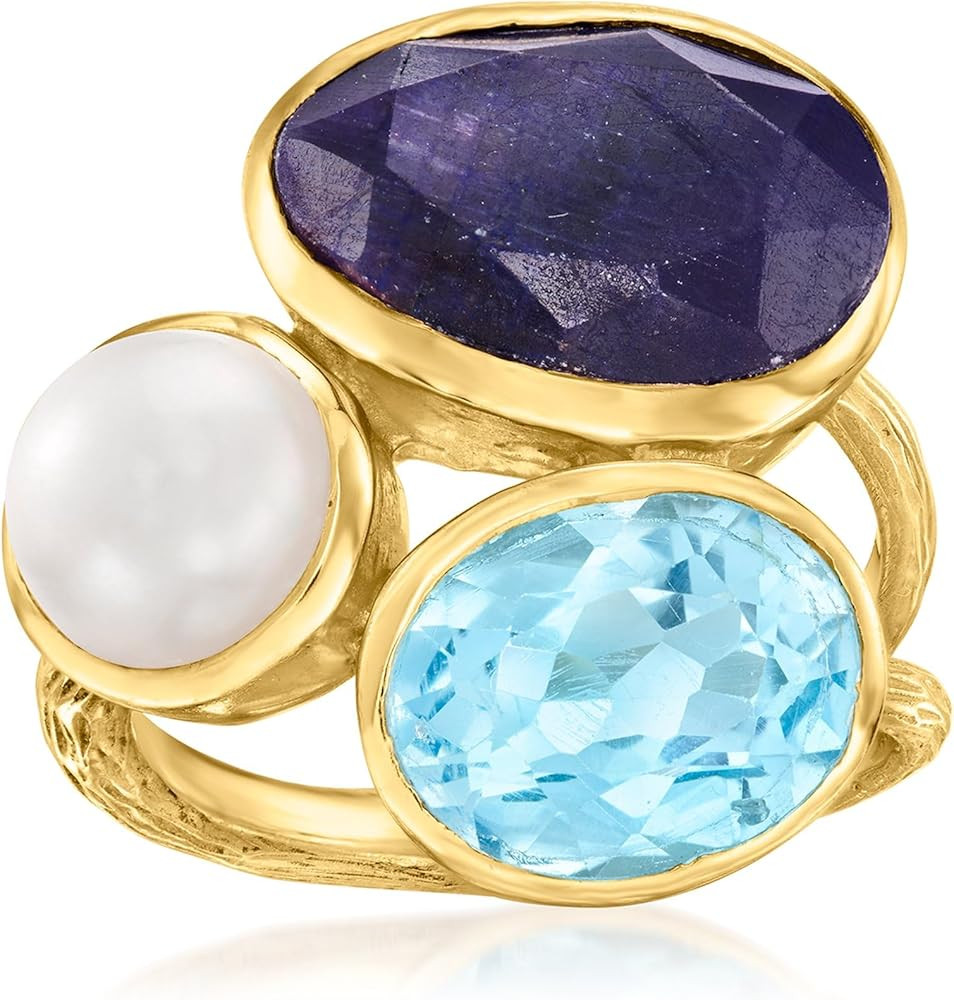 Ross-Simons 8mm Cultured Pearl, 6.50 Carat Sapphire and 3.80 Carat Sky Blue Topaz Ring in 18kt Go... | Amazon (US)