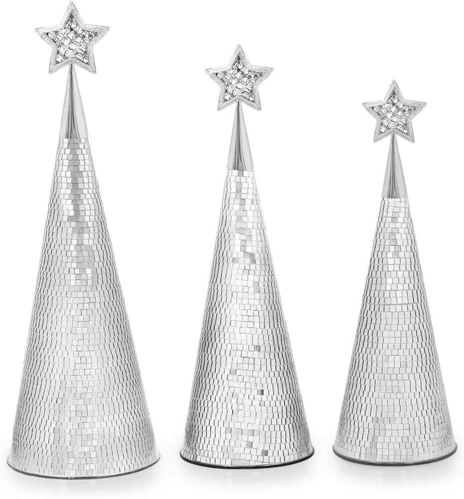 Silver Glass Christmas Trees Set of 3, 17" 15" 13" Small Tabletop Christmas Tree Handmade Disco D... | Amazon (US)