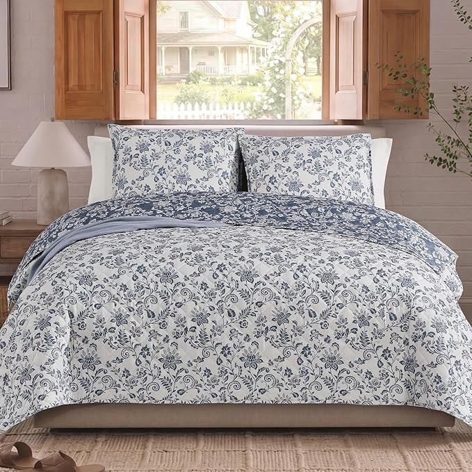 Quilt Set King Size, Oxford Blue Floral Quilt Sets, Reversible Bedspread Lightweight and Breathab... | Amazon (US)
