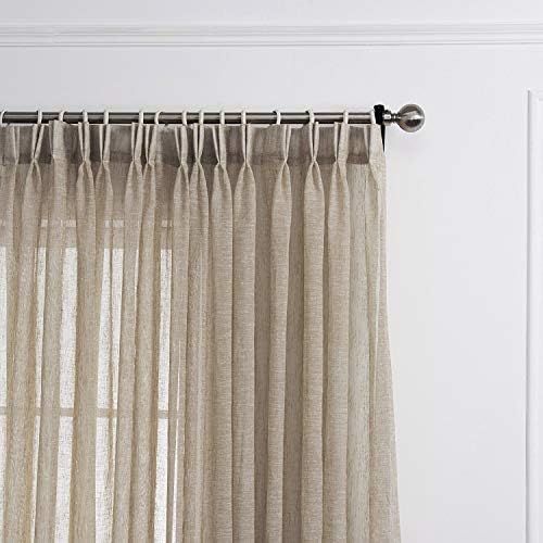 LANTIME White Semi Sheer Curtains, Faux Linen Double Pleated Window Sheer Curtains Panels Drapery fo | Amazon (US)